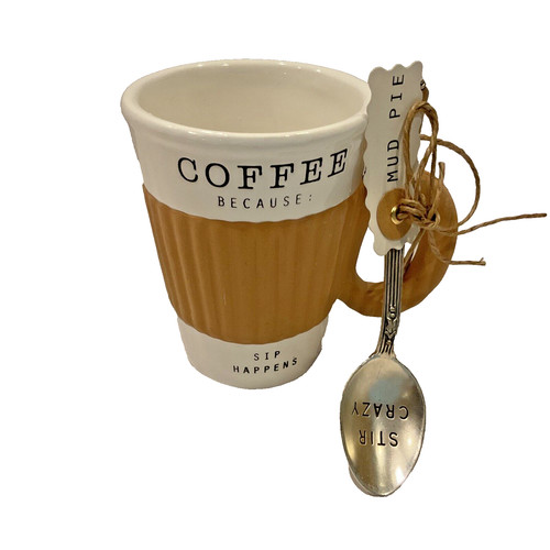 Mud Pie Coffee Mug & Spoon White Earthtone Tea Cup Birthday Christmas Gift NWOT