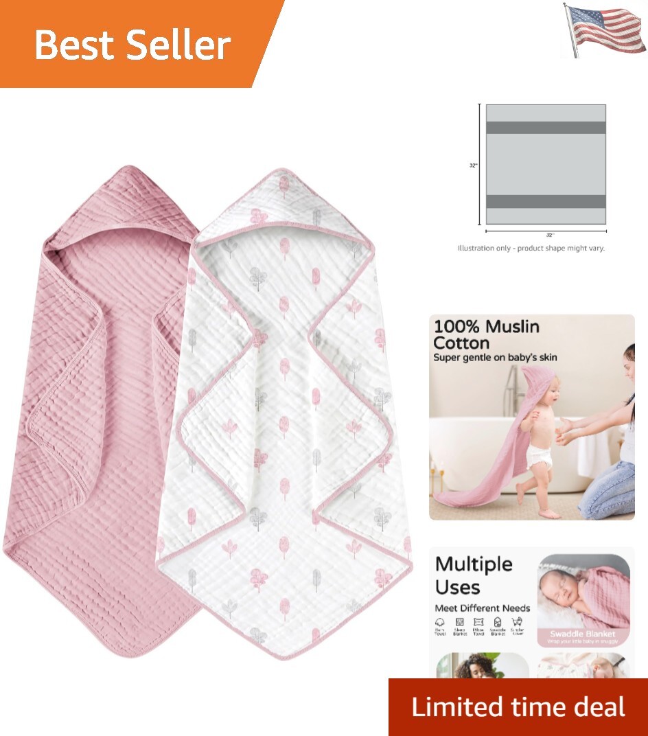 Extra Large 32x32 Inch Muslin Cotton Hooded Baby Towel for Newborns