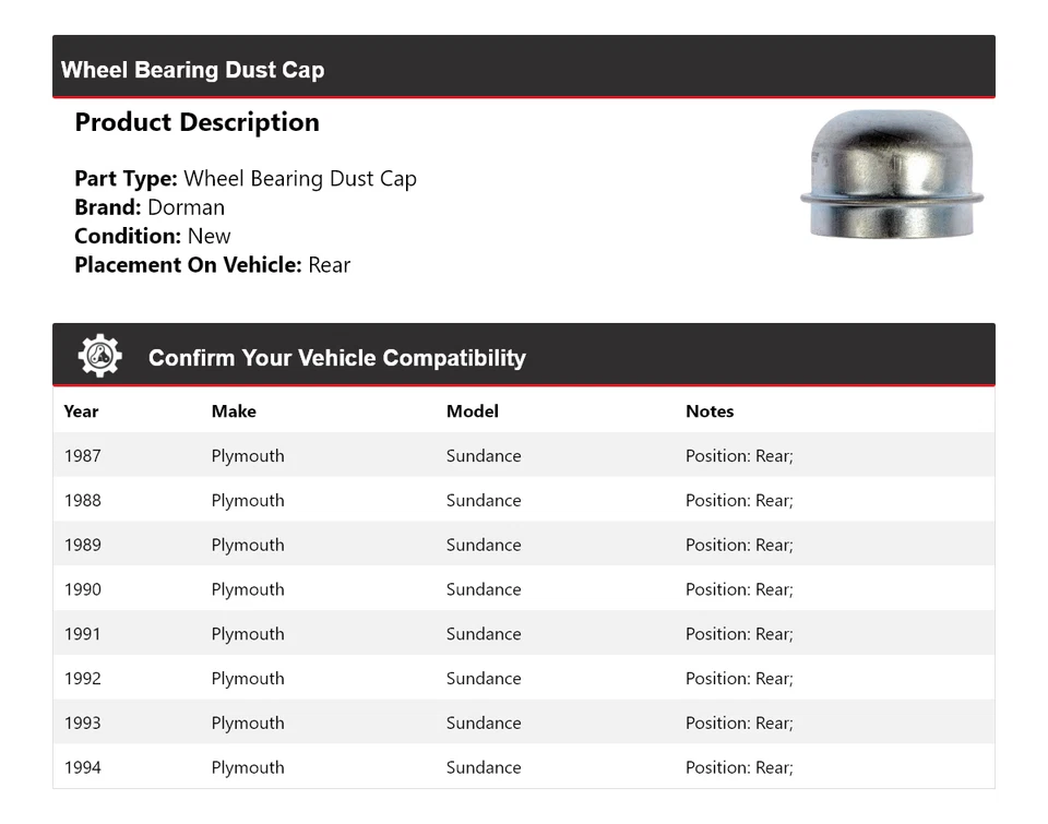 Tapón antipolvo trasero para cojinete de rueda Plymouth Sundance Dorman 1987-1994 1988 1989 Foto 2 de 4