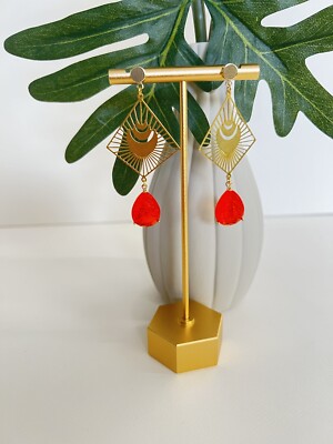 Delicate Statement Gold & Orange Dangle Earrings - Long Trendy Stylish Earrings