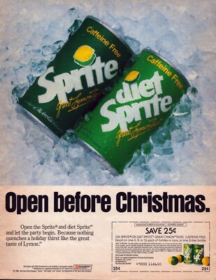 1986 Diet Sprite Caffeine Free Soda Lymon Taste Christmas Vintage Print Ad