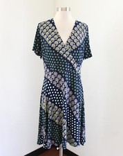 Ann Taylor Factory Blue Polka Dot Floral Short Sleeve Dress Size M Green Swing