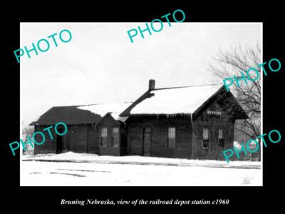 OLD POSTCARD SIZE PHOTO OF BRUNING NEBRASKA THE RAILROAD DEPOT STATION c1960