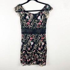 SOIEBLU Black Lace Crochet Embroidered Sheer On/Off Shoulder Dress, Size Small