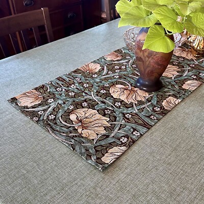William Morris Tulips On Brown Tapestry Table Runner 59x18'' Embroidered Runner