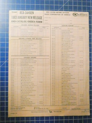 RCA Camden 1963 January New Release and Catalog Order Form H3062