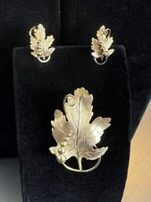 Vintage Cart Art Signed Brooch & Earring Set 1/20 12k Gold Filled Leaf Fall
