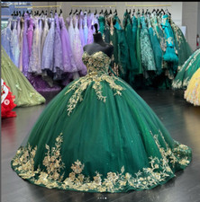 Green Quinceanera Dresses Gold Appliques Puffy Party Prom Sweet 15 Ball Gown