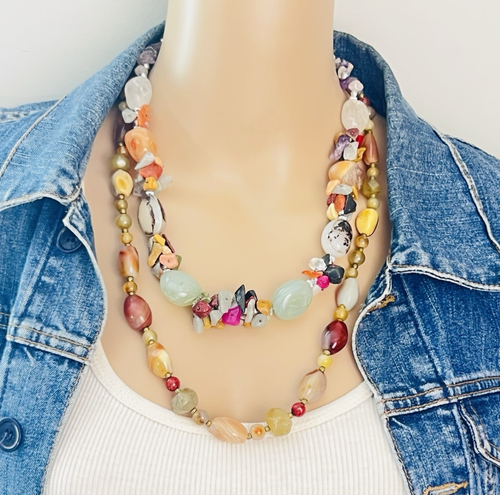 Lot of Two Vintage Artisan Multi Stone Necklaces - Afbeelding 2 van 13