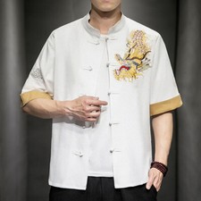 Herren Freizeit Stickerei Drachen Hemd Salingstutzen Suit Halb Arm Knopf Chinese