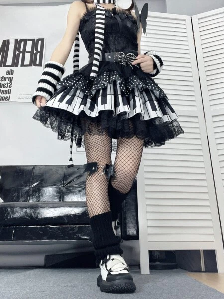 Harajuku Y2k Punk Piano Key Wave Dot Lace Skirt Japanese Gothic