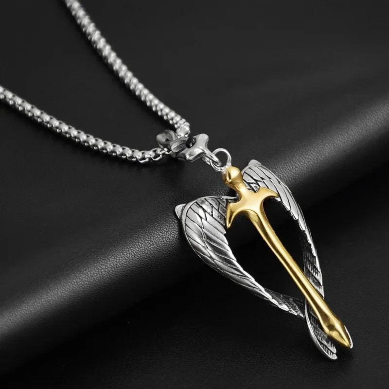 Stainless Steel Sword Pendant Necklace with Wing Design