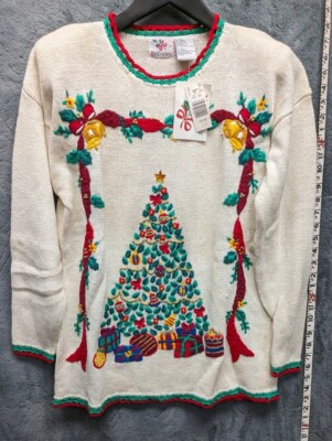 Vintage NutCracker Christmas Holiday White Sweater Women s Small Christmas Tree