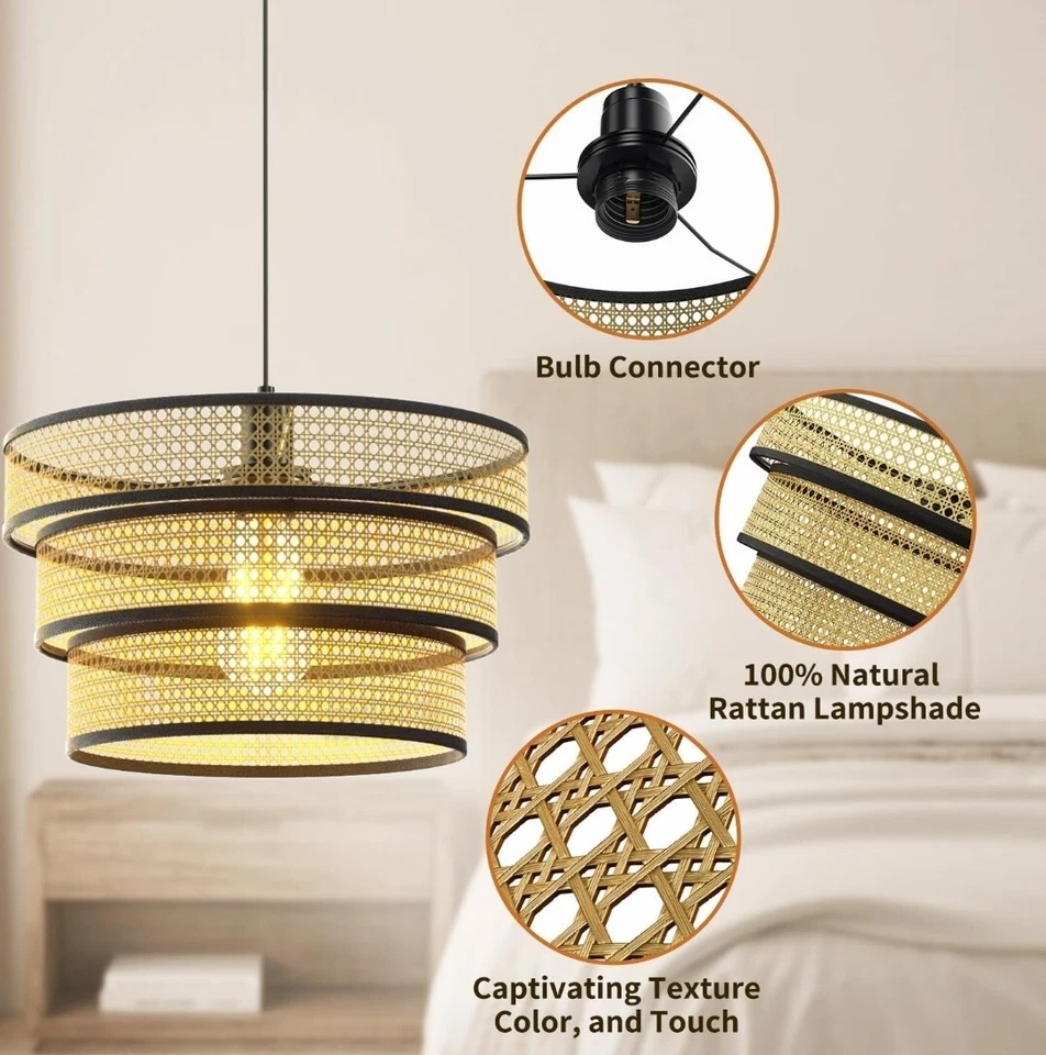Boho Pendant Light, Rattan Light Fixture Woven Basket Shade Wicker Pendant Light - Image 3 of 4