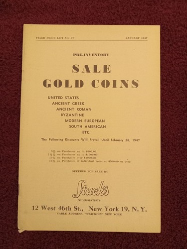 Stack's January 1947 Fixed Price List No. 37; scarce early Stack's coin FPL