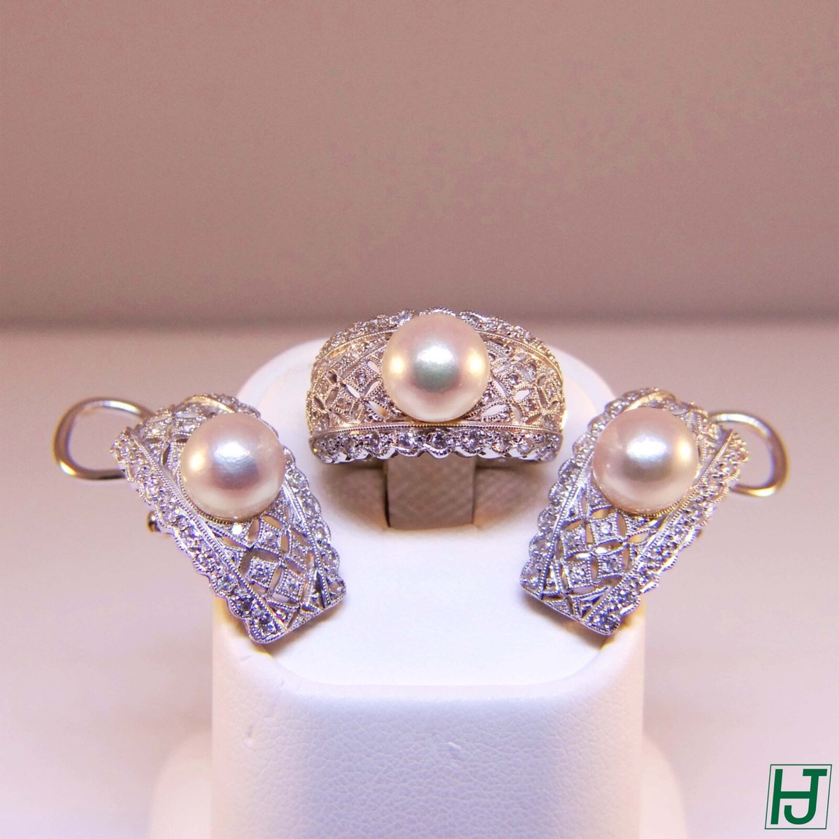 New Pearl Diamond Earrings Ring Set in 18k White Gold, 83