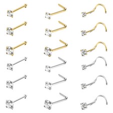 Juego de 6 piezas de pernos nasales de acero inoxidable 20G enchapados en oro circonita cúbica piercing joyería