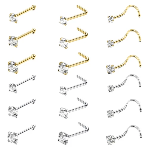 6 Pcs 20G Stainless Steel Nose Stud Set Gold Plated CZ Nostril Piercing Jewelry