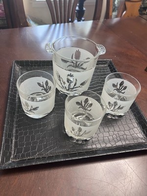 Vintage MCM Devalbor Covetro Italian Glass Ice Bucket and 3 Rocks Glasses