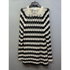 Zara Sweater Dress Womens Small Black Cream Striped Open Knit Crochet Boho