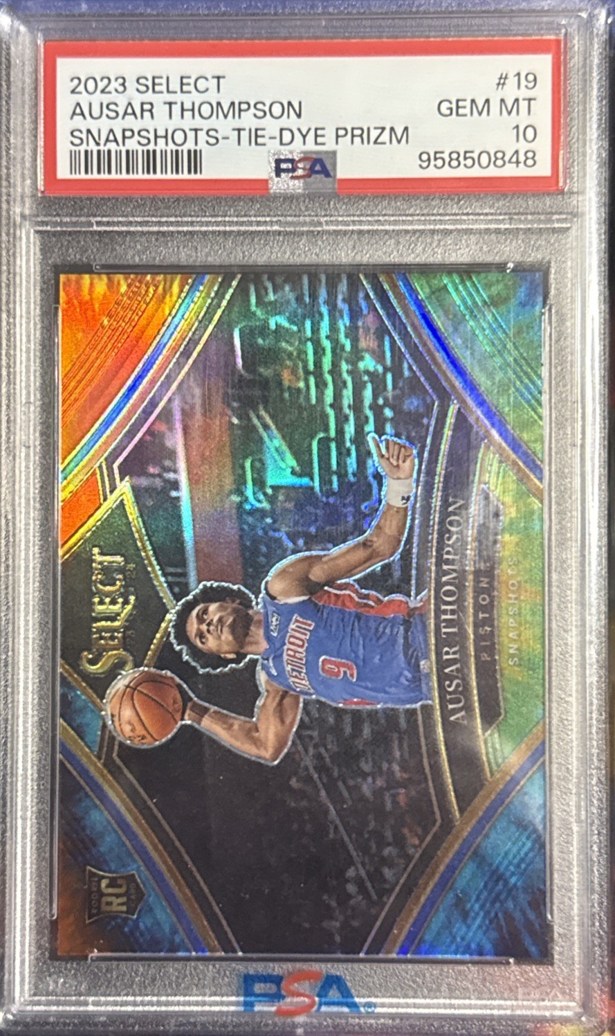 2023-24 Panini Select Ausar Thompson #19 Snapshots Tie-Dye Prizm /25 RC PSA 10