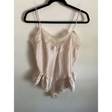 Vintage Etienne Pink Satin Lace Teddy Bodysuit Floral Embroidered Ruffle Small