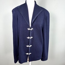 St John Evening Santana Knit Blazer Jacket Size 14 Blue Bow Buttons Beaded Trim