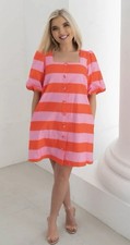 ENTRO Pink Orange Striped Puff Sleeve Short A-Line Dress with Buttons