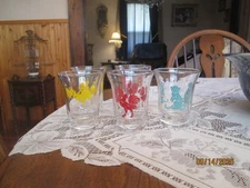 5- Vintage Rare Off brand Libby Juice Glasses, Rooster, Donkey and Monkey