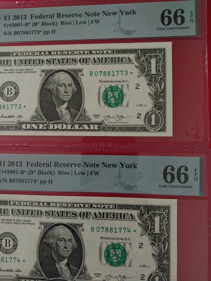 Lot of (3) Consecutive 2013 B Duplicate Star Note Error One Dollar Bill 66 EPQ - Image 2 of 4