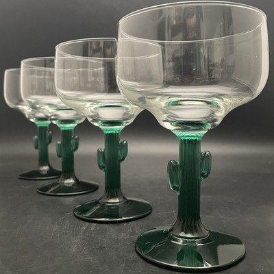 Libbey Fundamentals 4pc Cozumel Saguaro Cactus Margarita Glasses c2004 USA 16oz