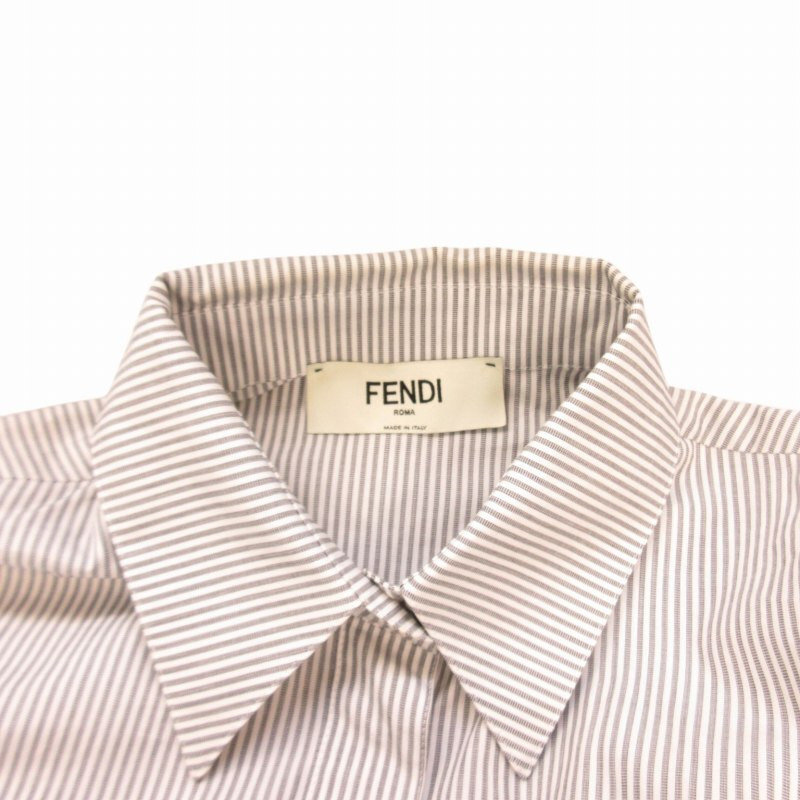 フェンディ FENDI CAMICIA SHIRT ストライプシャツ ブラウス ショート丈 グレー 36 約S FS7566 IBO65 レディース FENDI CAMICIA SHIRT Striped shirt blouse short length gray