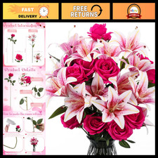 20 Pcs Artificial Flowers Bouquet - Fake Lily & Rose, Pink & Red Decor