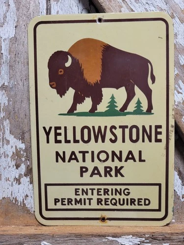 VINTAGE YELLOWSTONE PORCELAIN SIGN OLD NATIONAL PARK WYOMING BISON BUFFALO 12"