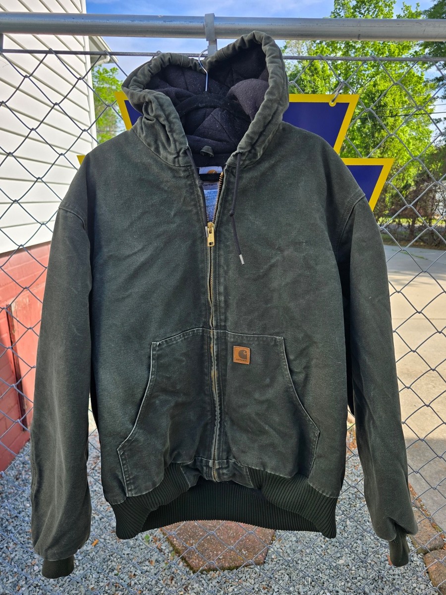 Carhartt J130 Jacket Hooded Work Coat Moss Green Full Zip Faded