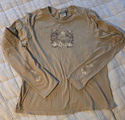 Roxy Quiksilver Vtg Y2K Surf Skate Logo Long Sleeve Women's T Shirt XL USA Tan