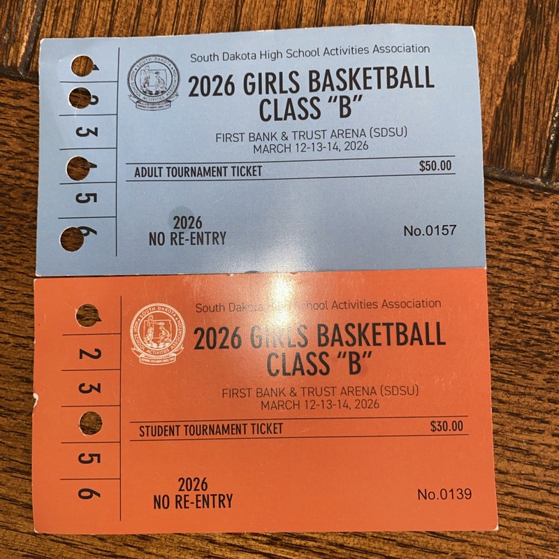 2 Used South Dakota 2026 Girls Basketball Class B Tournament Tickets Stubs/Pass