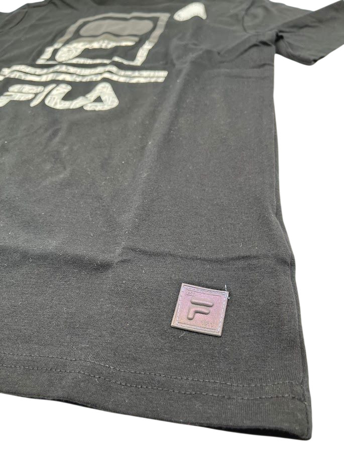 FILA Boys Large Black Graphic Logo Tee Reflective Oil Slick Crew image 4
