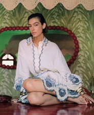 Agua hollowed out embroidered lantern sleeve shirt+embroidered half skirt set