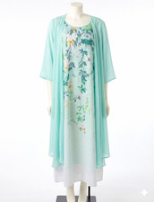 Women’s XL Green/White Floral Maxi Dress Scoop Neck Chiffon Sheer Kimono