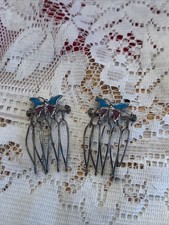 Vintage Silver Tone Enamel Butterfly Hair Combs