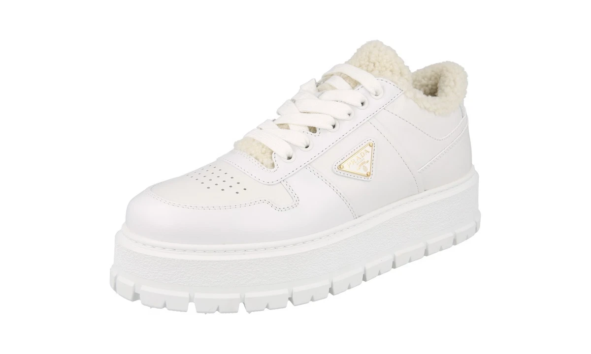 PRADA Leder Downtown Bold Shearling Fur Platform Sneaker - 1E947M - Weiss - NEU
