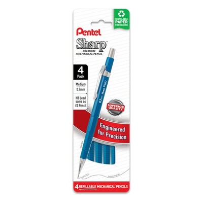 Pentel Sharp Mechanical Pencil, (0.7mm), Medium 4 Count (Pack of 1), Blue
