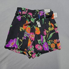 Express Shortie Shorts Womens 0 Black Floral Extreme High Rise Belted NWT
