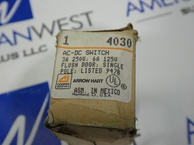 Arrow Hart 4030 AC-DC Switch 3A 250V;6A,125V Flush Door 1 Pole 947B