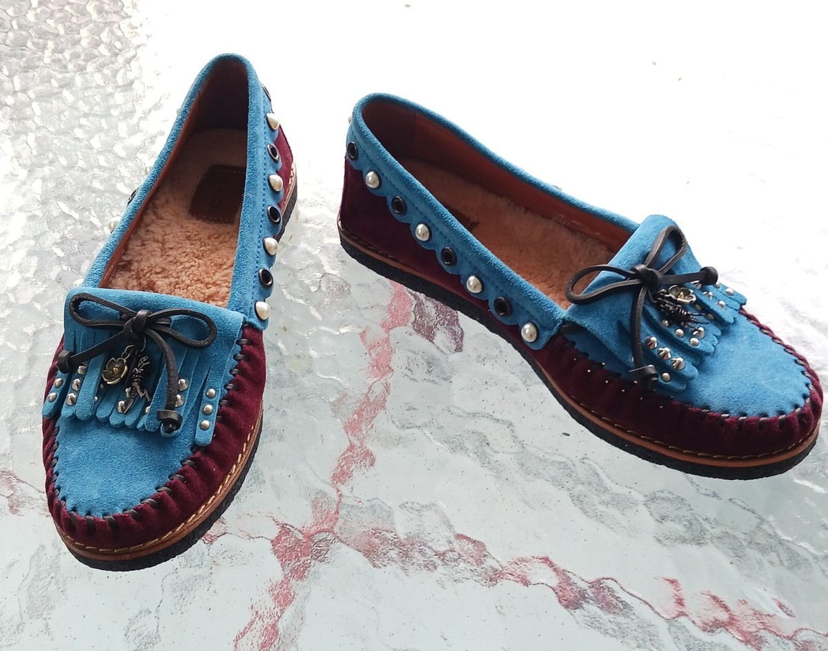 Coach Blue & Maroon Rexy & Tea Rose Suede Roccasins w/ Cabochons