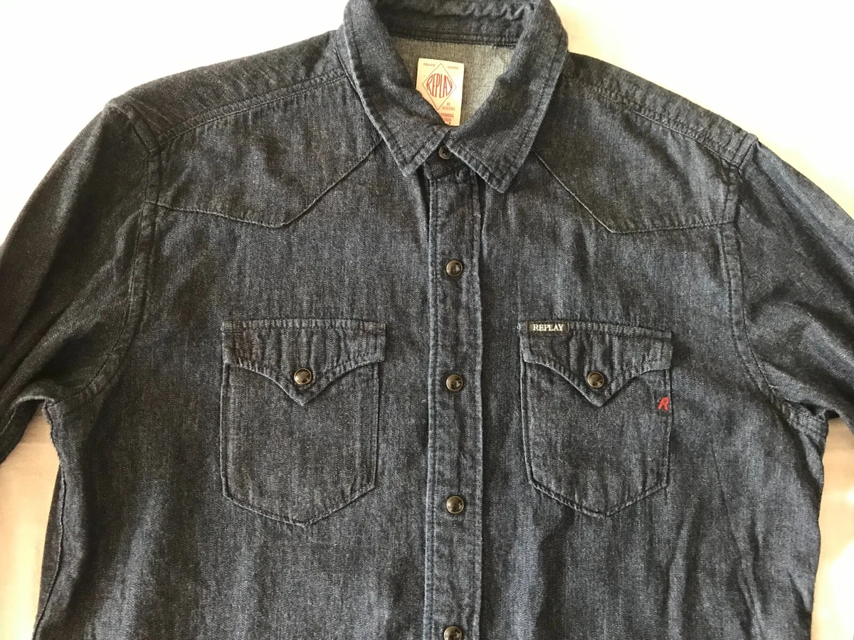 REPLAY ITALIAN DENIM WESTERN SHIRT LONG SLEEVE SIZE LARGE SLIM EU