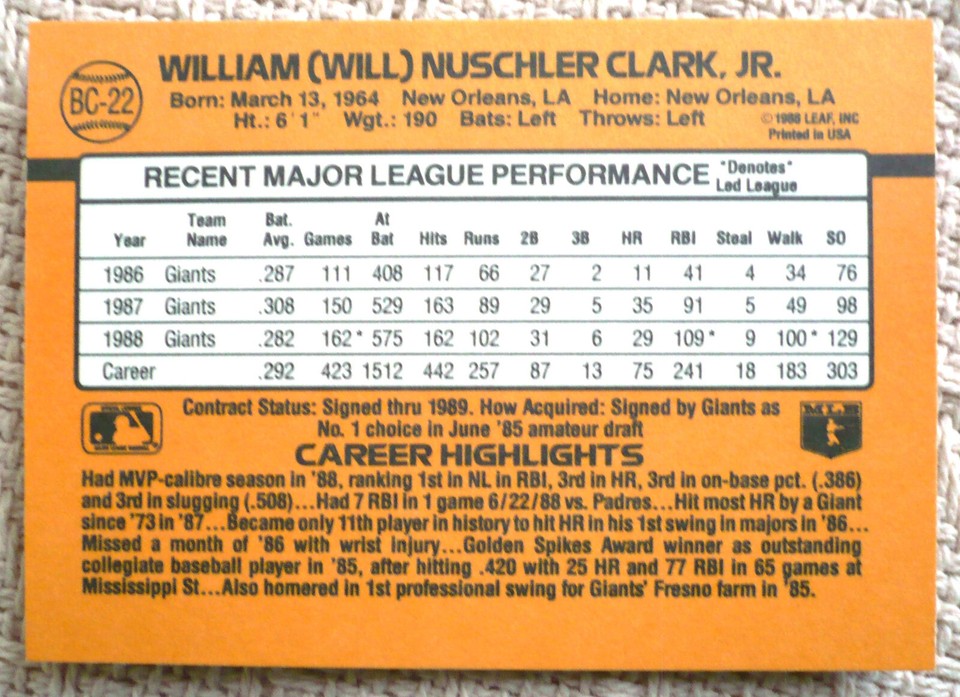 WILL CLARK BC22 1989 DONRUSS ERROR CARD SF GIANTS MINT! eBay