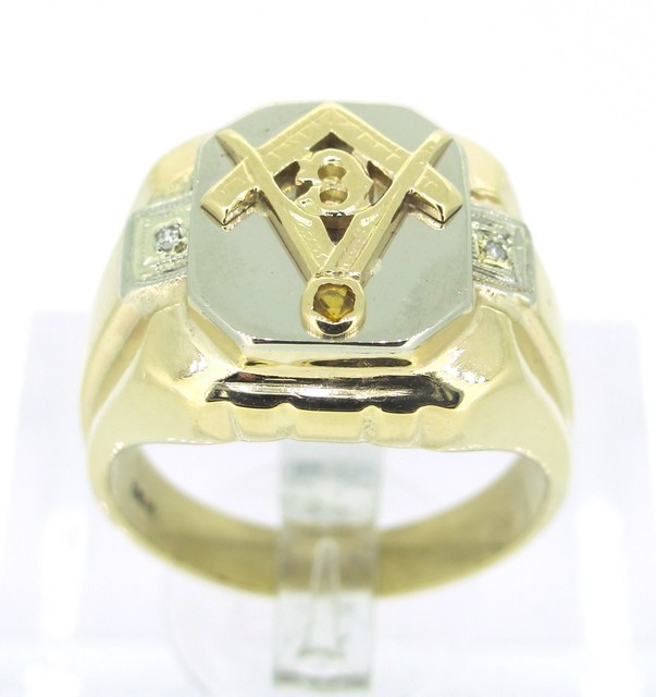 14k Yellow Gold Retro Plumb & Trowel Masonic G Compass Symbol Ring Size