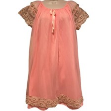Vintage 60s Chiffon Peach Peignoir Short Nightgown with Tan Lace Trim Size M USA